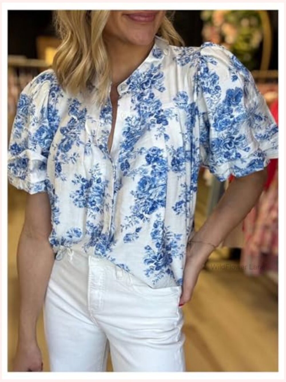 Floral Button Down Shirt Ruffle Sleeve Boho Blouse Dressy Casual Top - Picture 2 of 5
